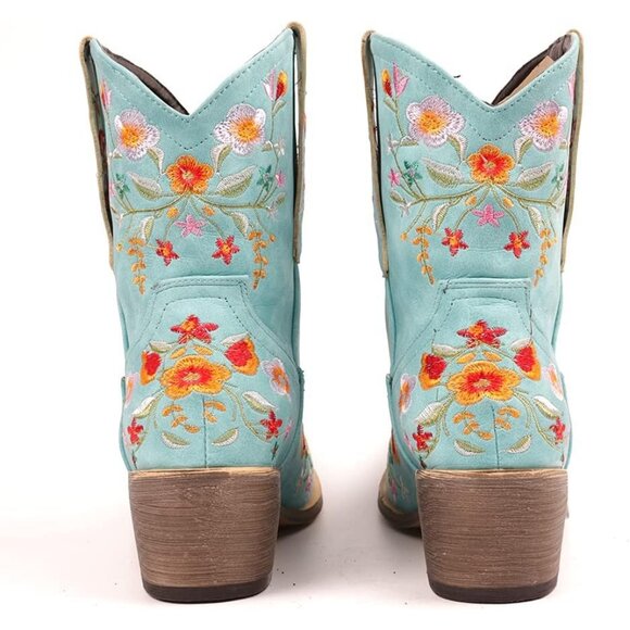 Women's Light Blue Flower Embroidered Chunky Heel Snip Square Toe Western Boot - Picture 7 of 7